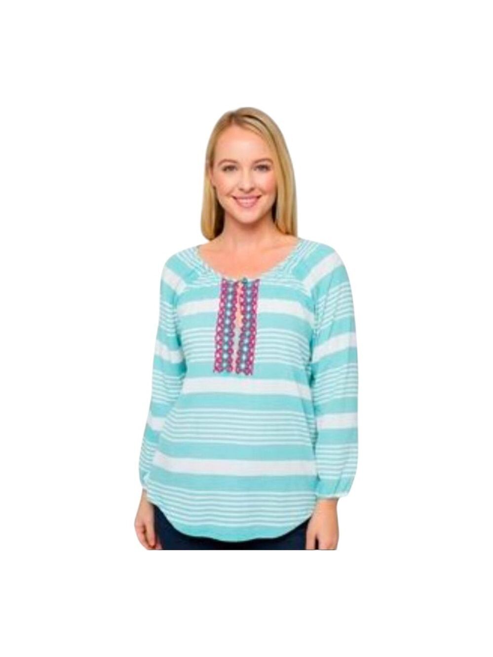 Talbots 100% Cotton Striped Beaded 3/4 Sleeve Keyhole Neck Blouse Size XL